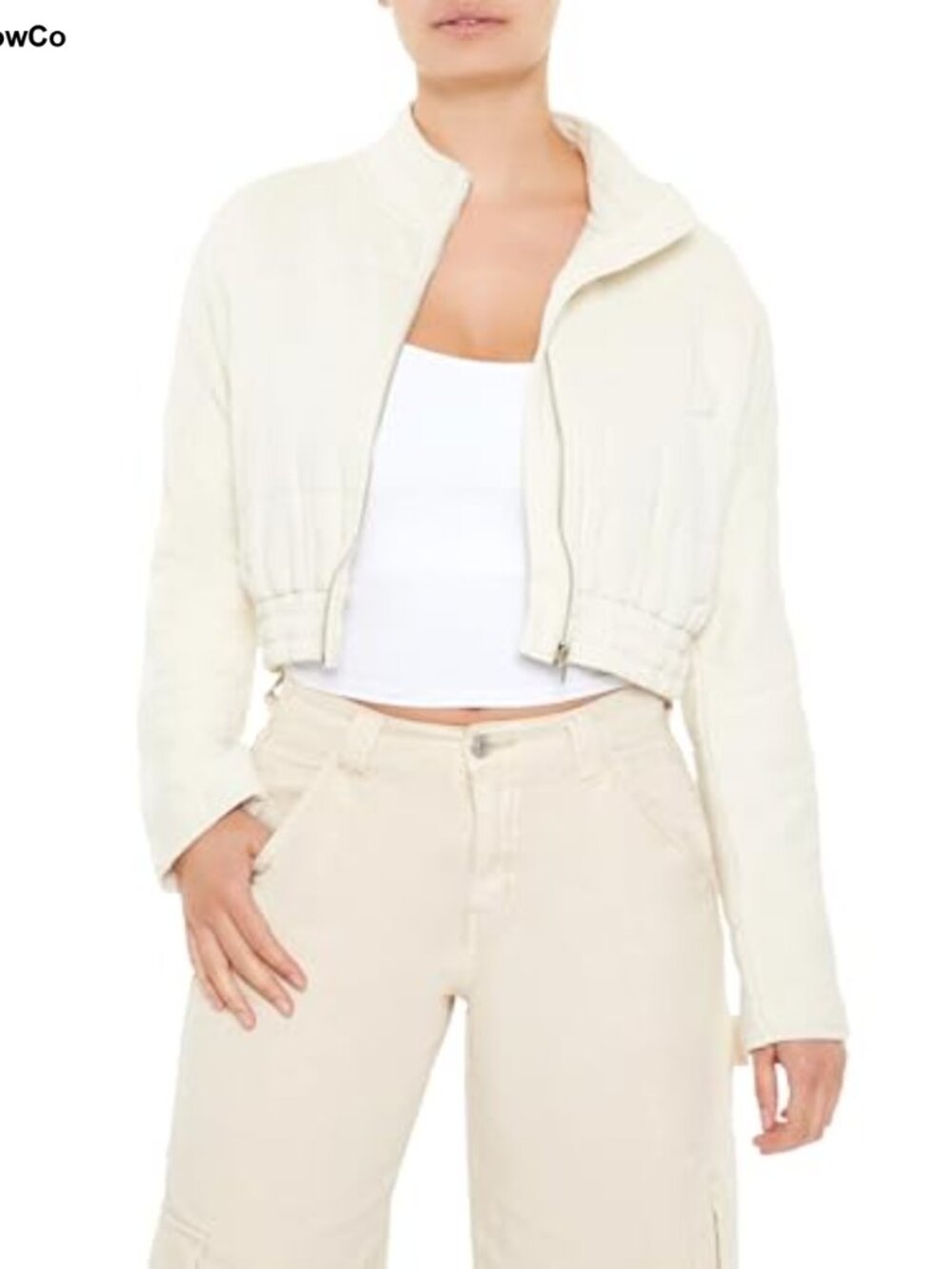 Quilted Zip-Up Cropped Jacket White Funnel Neck